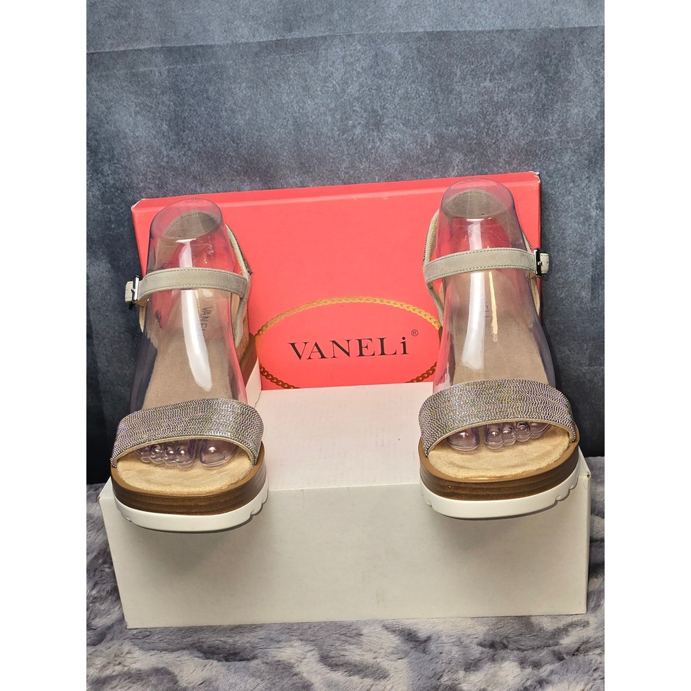 NWB Vaneli Cedra Sandals Dove Suede Rhinestone Cork Wedge Womens 8.5 M - Picture 2 of 9